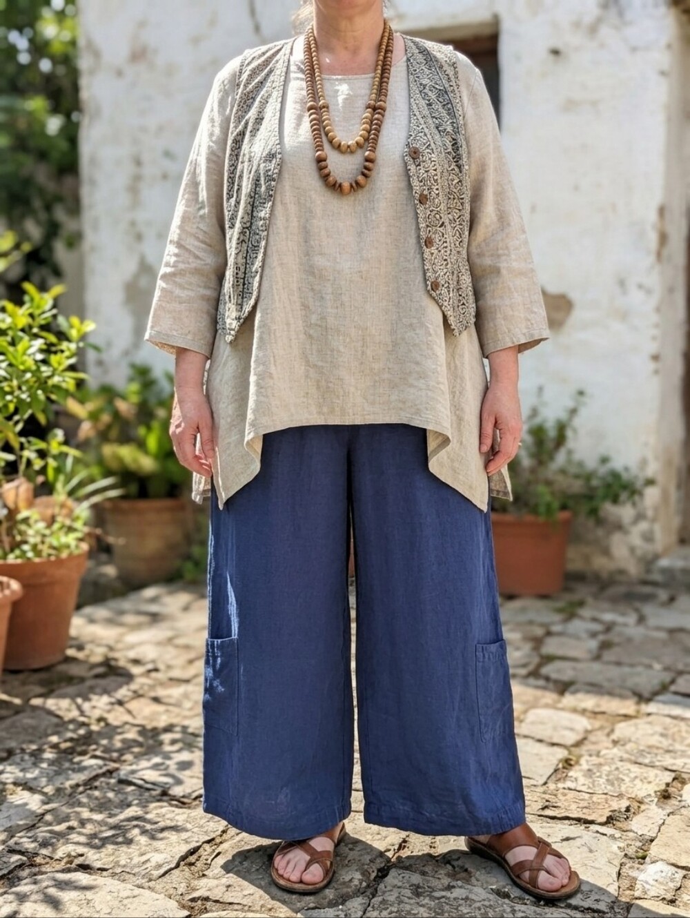 Bryn Walker 100% Linen Super Wide Leg Blue Pull On Pants 1X Made In USA Pockets